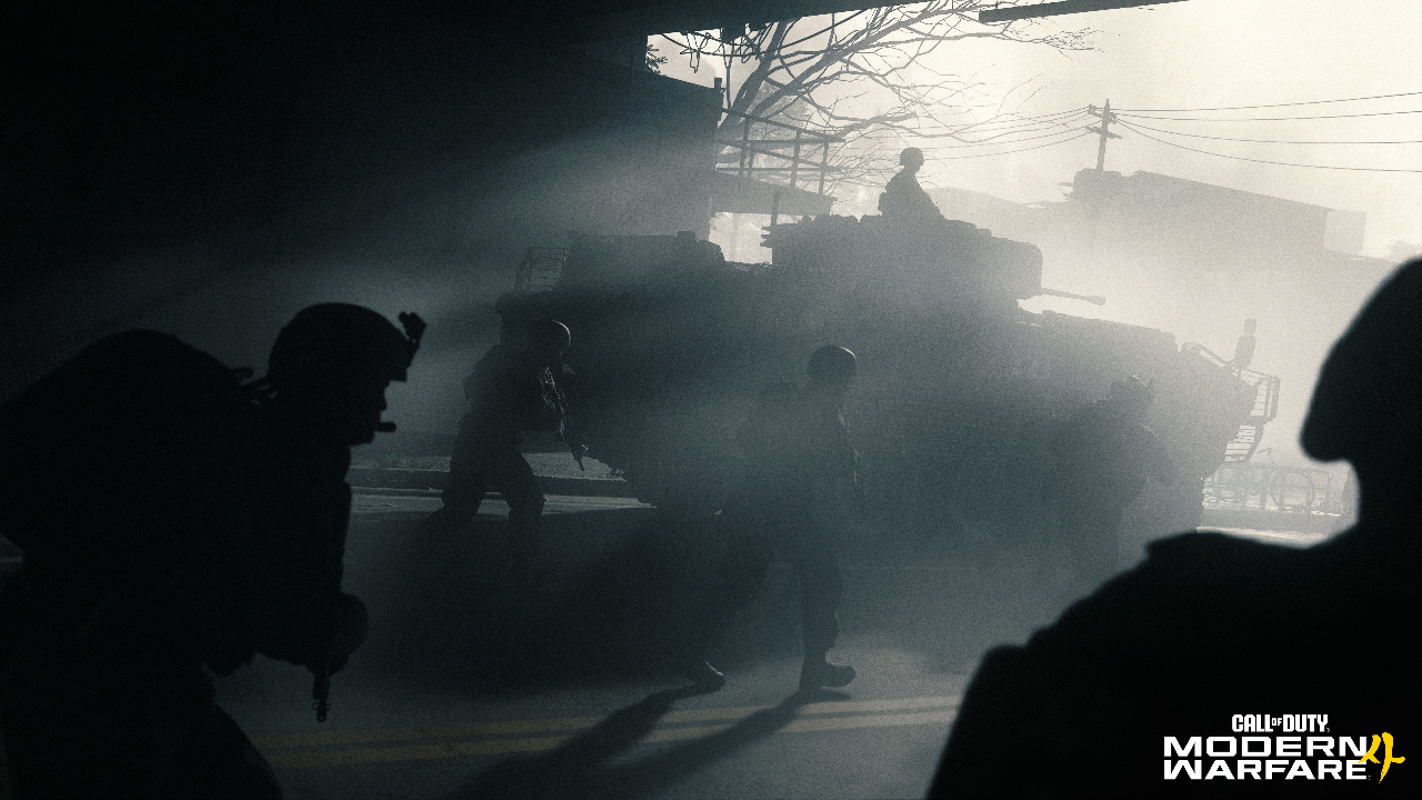 Soldiers advance beside an armored vehicle through a smoke-filled street in Modern Warfare 4